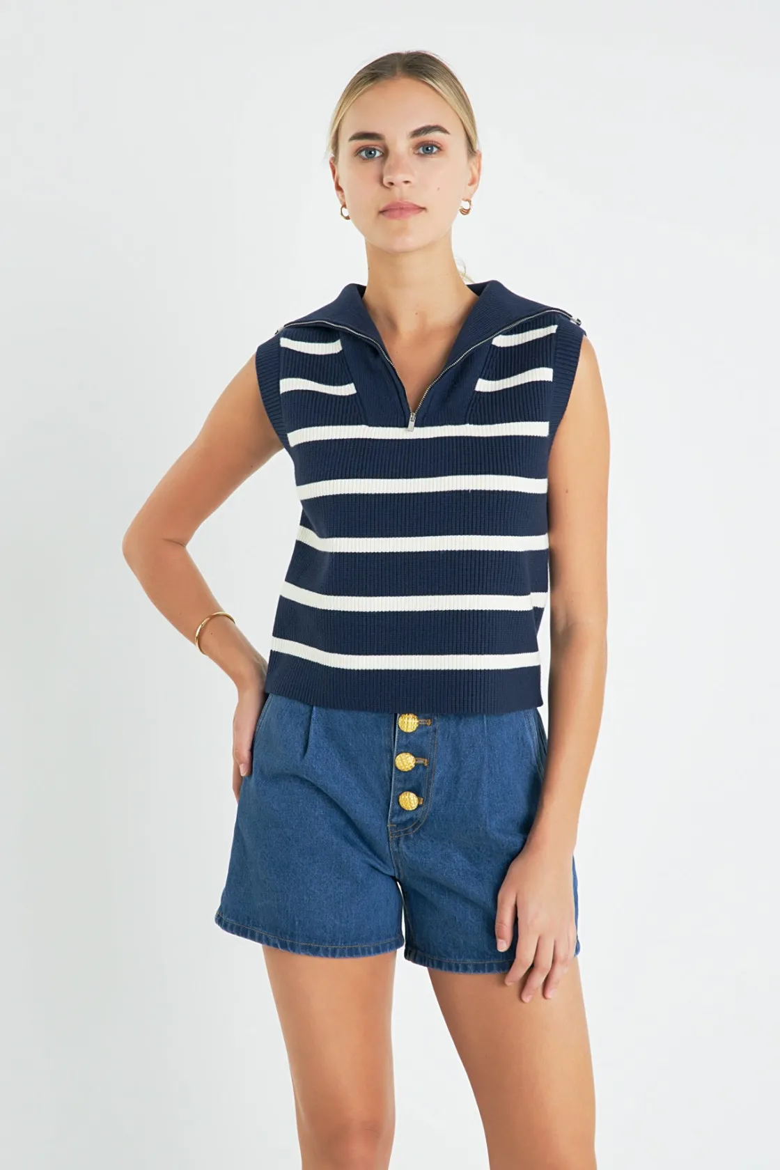 english_factory__striped__8.webp ENGLISH FACTORY Tops*- Striped Half-Zip Knit Vest