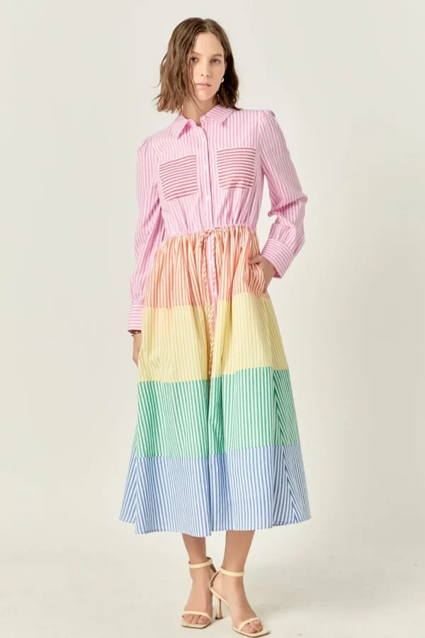 ENGLISH FACTORY Tops*- Sunni Colorblock Midi Shirt Dress MULTI