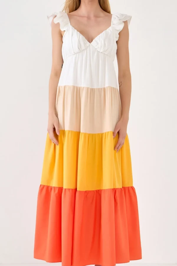 ENGLISH FACTORY Tops*- Sunset Colorblock Maxi Dress ORANGE