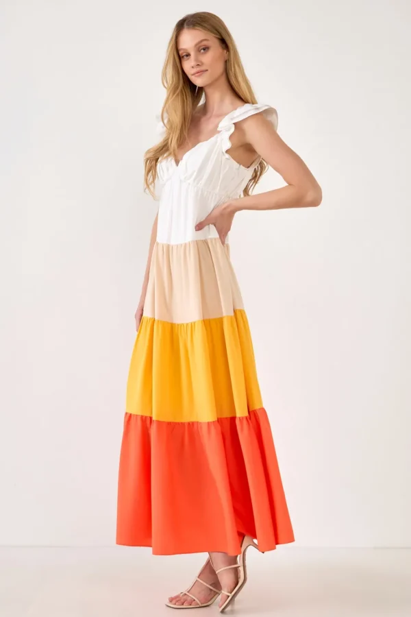 ENGLISH FACTORY Tops*- Sunset Colorblock Maxi Dress ORANGE
