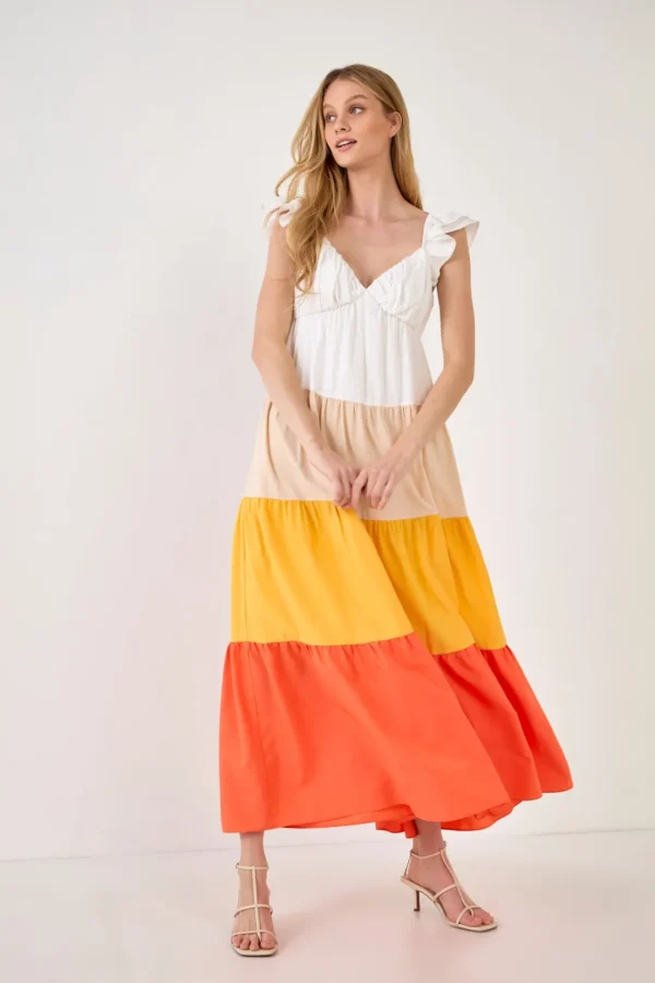 ENGLISH FACTORY Tops*- Sunset Colorblock Maxi Dress ORANGE