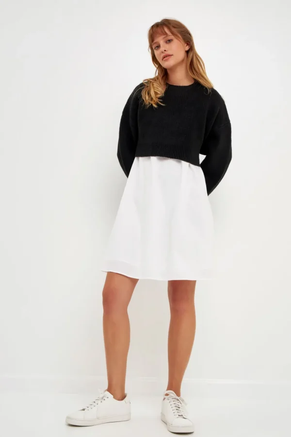 ENGLISH FACTORY Tops*- Sweater with Poplin Mini Dress