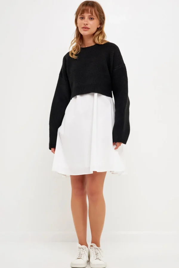 ENGLISH FACTORY Tops*- Sweater with Poplin Mini Dress