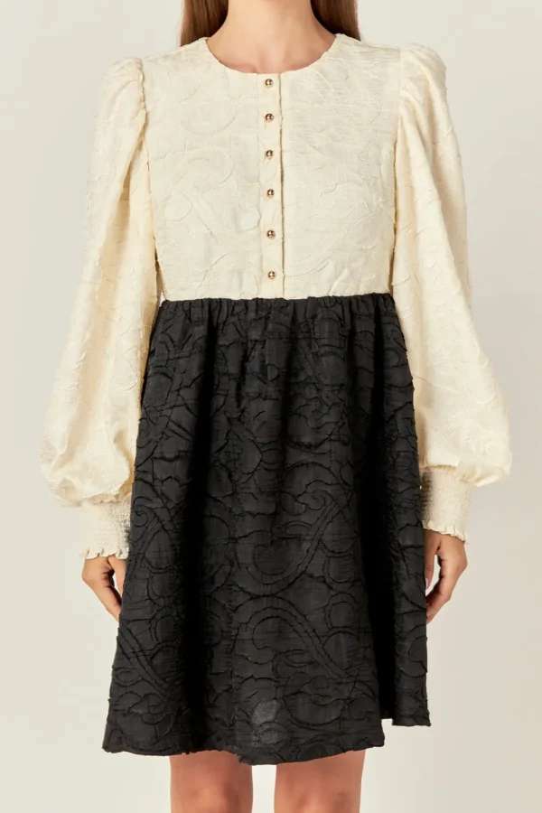 ENGLISH FACTORY Tops*- Textured Baby Doll Dress IVORY/BLACK