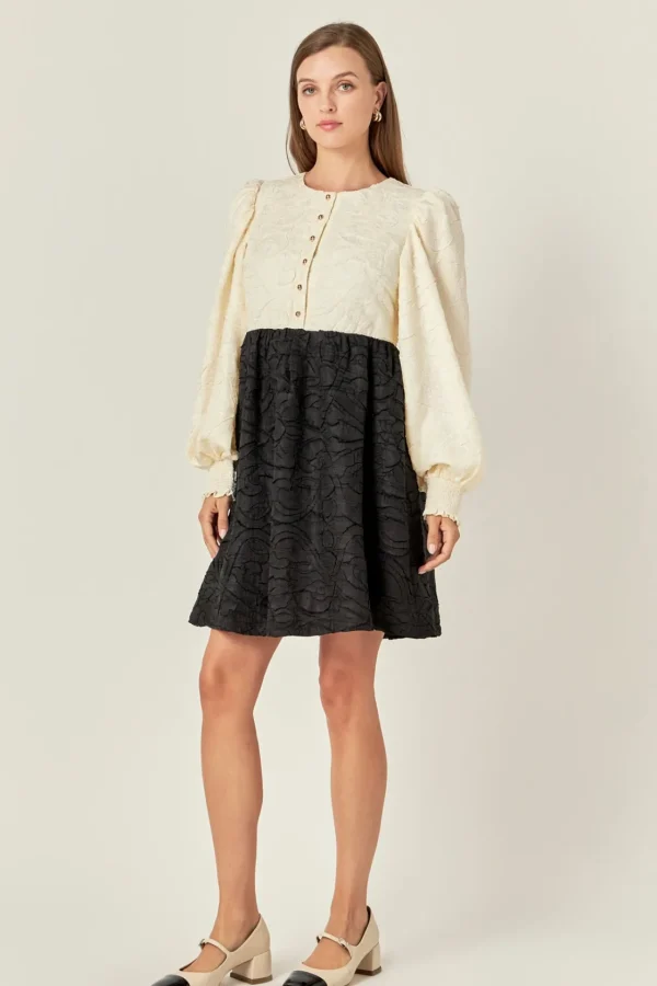 ENGLISH FACTORY Tops*- Textured Baby Doll Dress IVORY/BLACK