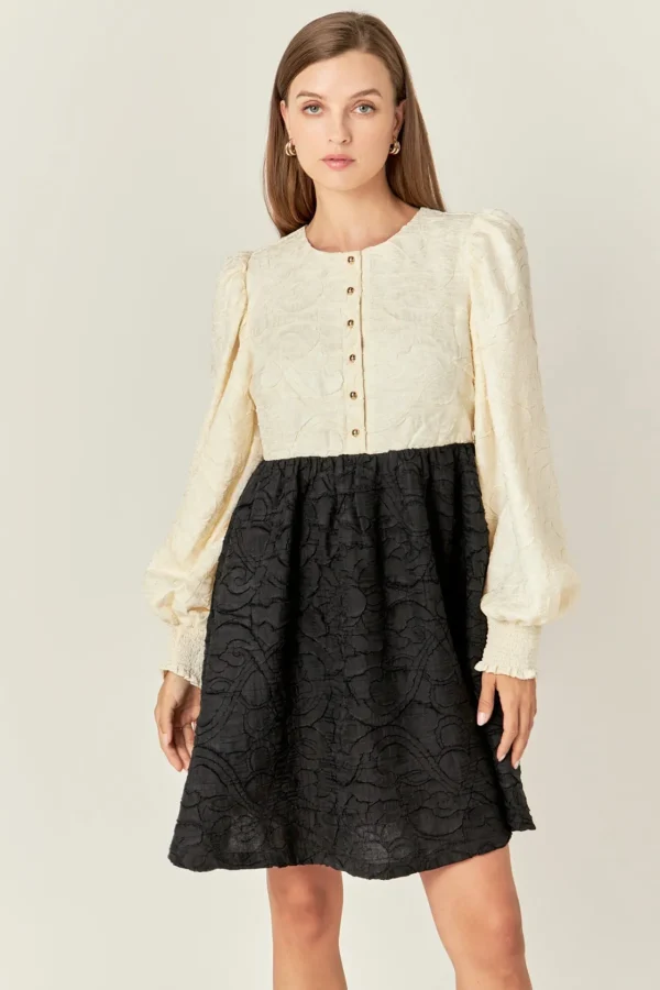 ENGLISH FACTORY Tops*- Textured Baby Doll Dress IVORY/BLACK