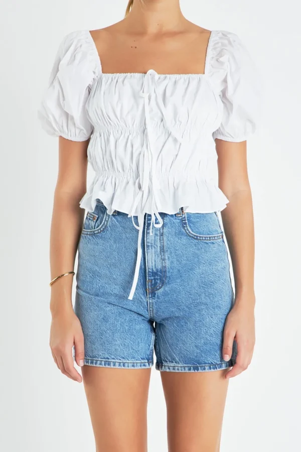 ENGLISH FACTORY Tops*- Tie Detail Shirring Top with Short Sleeves