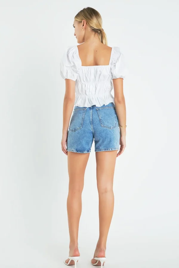 ENGLISH FACTORY Tops*- Tie Detail Shirring Top with Short Sleeves