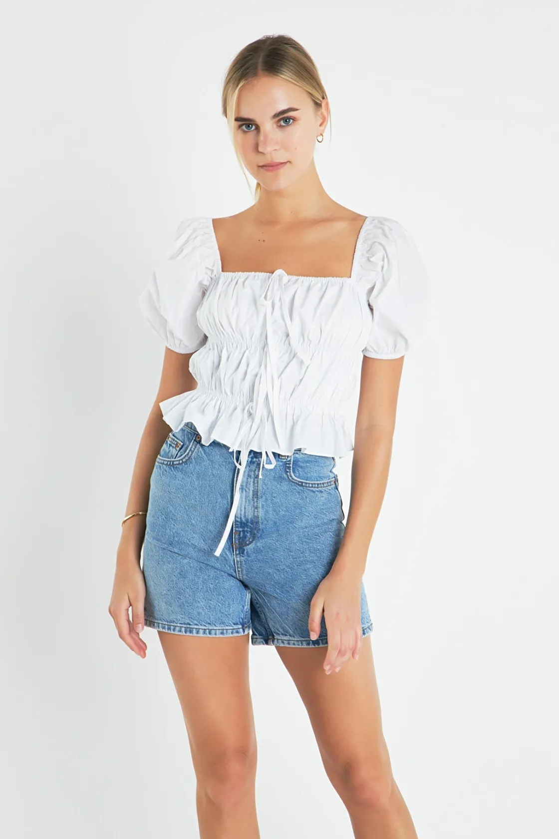 english_factory__tie_deta_3.webp ENGLISH FACTORY Tops*- Tie Detail Shirring Top with Short Sleeves