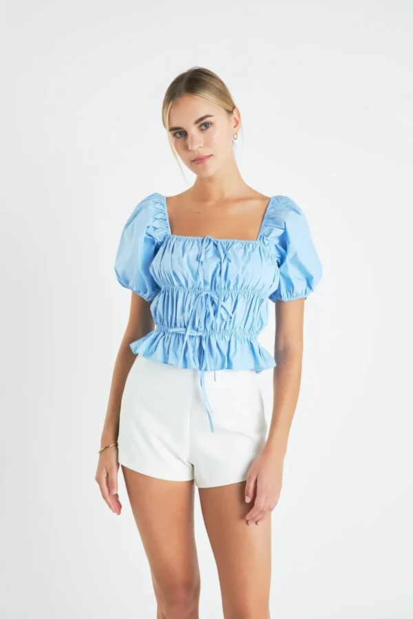 ENGLISH FACTORY Tops*- Tie Detail Shirring Top with Short Sleeves