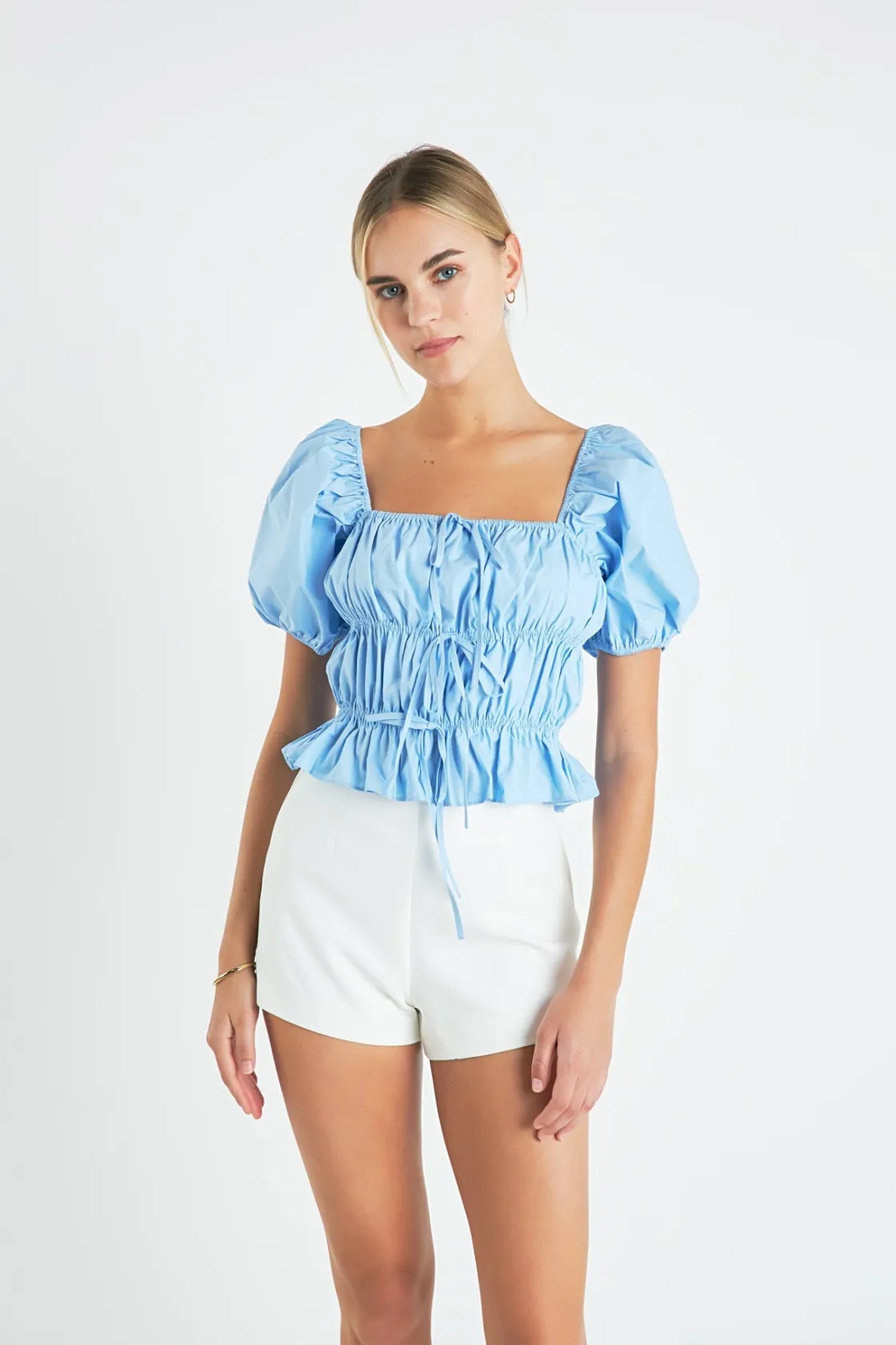 english_factory__tie_deta_8.webp ENGLISH FACTORY Tops*- Tie Detail Shirring Top with Short Sleeves