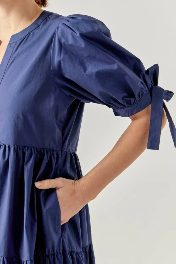 ENGLISH FACTORY Tops*- Tiered Midi Dress with Bow-Tie Sleeves NAVY