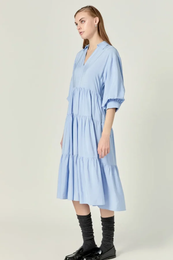 ENGLISH FACTORY Tops*- Tiered Midi Dress POWDERBLUE