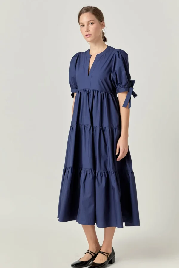 ENGLISH FACTORY Tops*- Tiered Midi Dress with Bow-Tie Sleeves NAVY