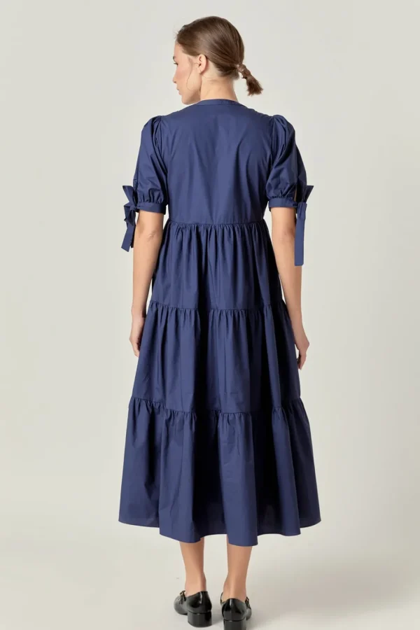 ENGLISH FACTORY Tops*- Tiered Midi Dress with Bow-Tie Sleeves NAVY