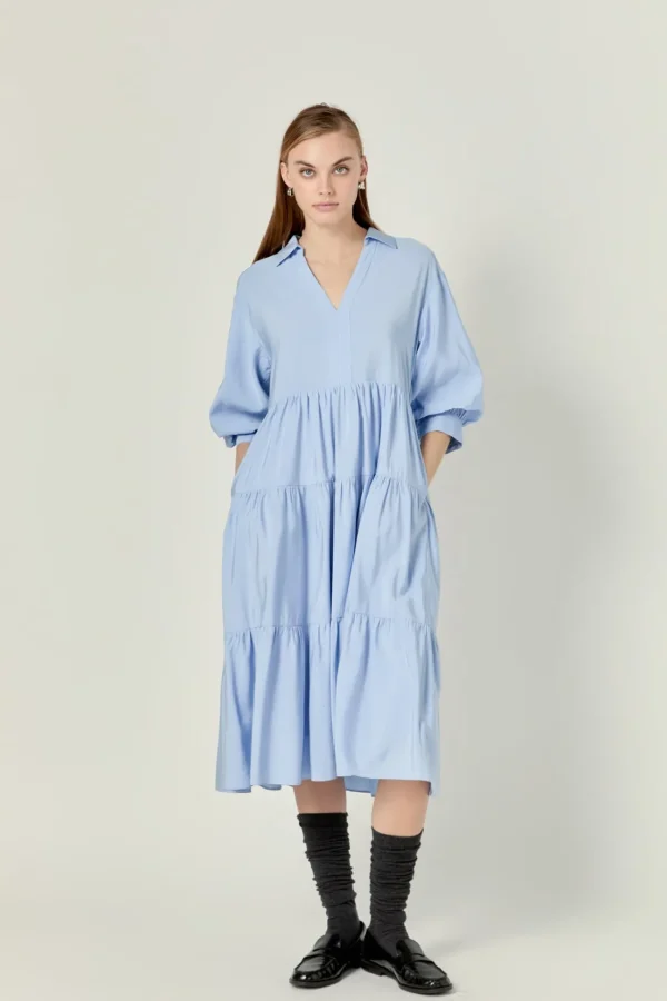 ENGLISH FACTORY Tops*- Tiered Midi Dress POWDERBLUE