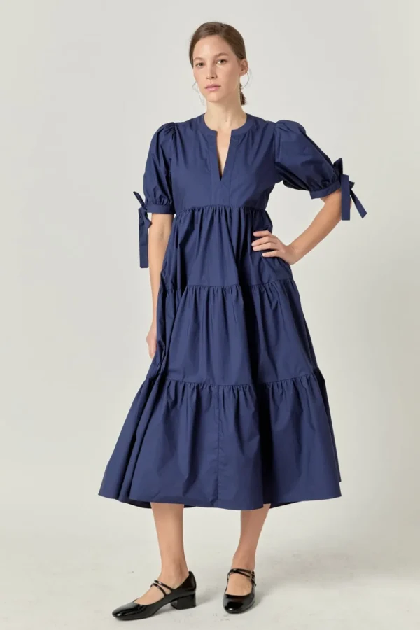 ENGLISH FACTORY Tops*- Tiered Midi Dress with Bow-Tie Sleeves NAVY