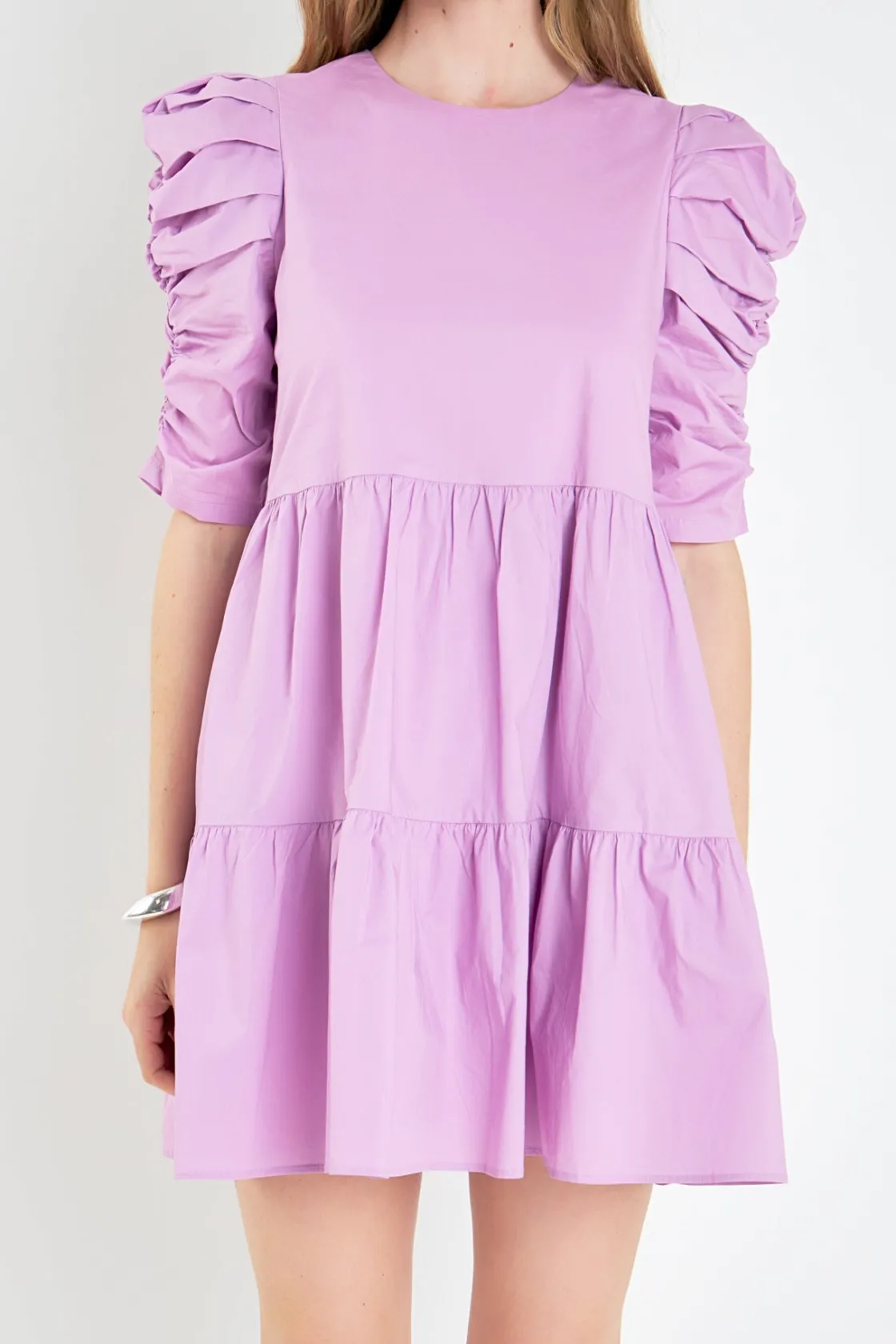 english_factory__tiered_p_0.webp ENGLISH FACTORY Tops*- Tiered Puff Sleeve Mini Dress LILAC