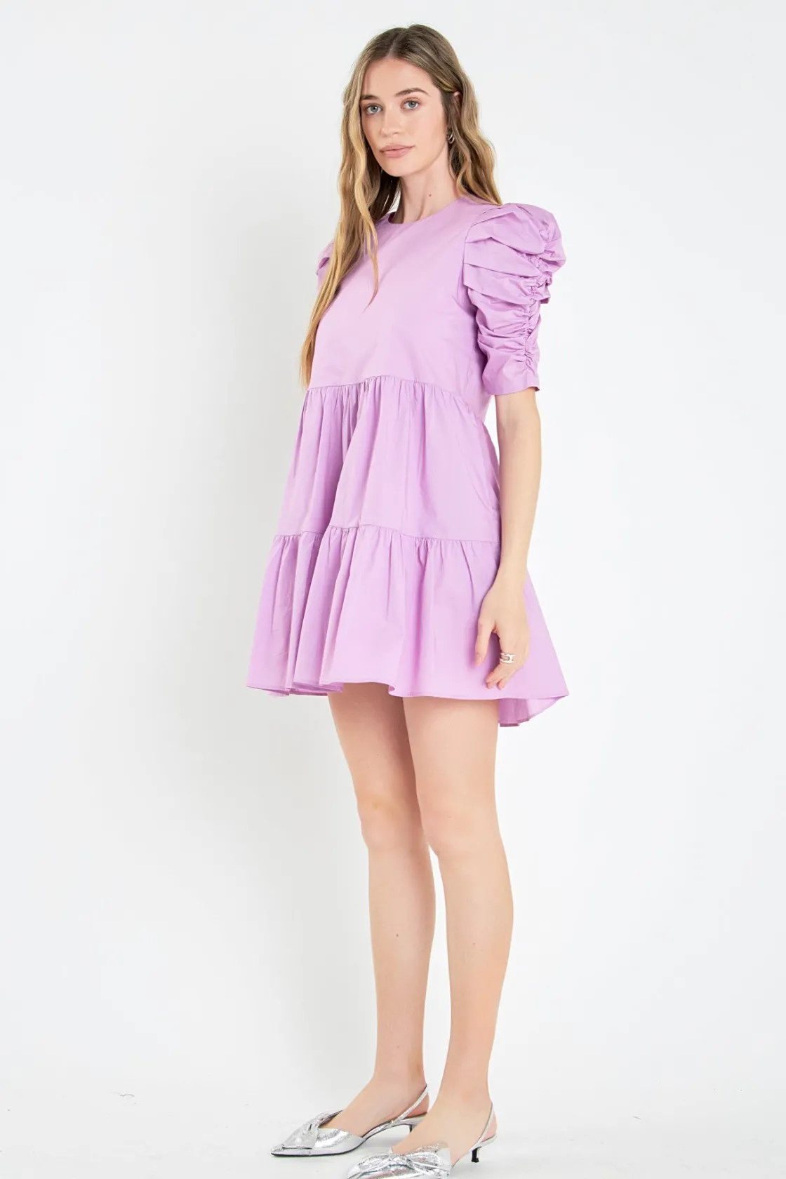 english_factory__tiered_p_1.webp ENGLISH FACTORY Tops*- Tiered Puff Sleeve Mini Dress LILAC