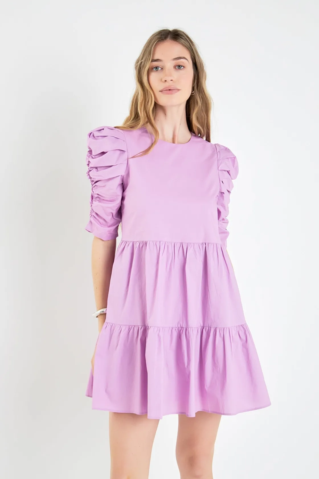 english_factory__tiered_p_3.webp ENGLISH FACTORY Tops*- Tiered Puff Sleeve Mini Dress LILAC