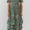 ENGLISH FACTORY Tops*- Tiger Print Smocked Midi Dress IVORY/GREEN