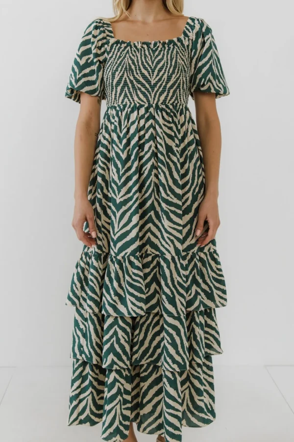 ENGLISH FACTORY Tops*- Tiger Print Smocked Midi Dress IVORY/GREEN
