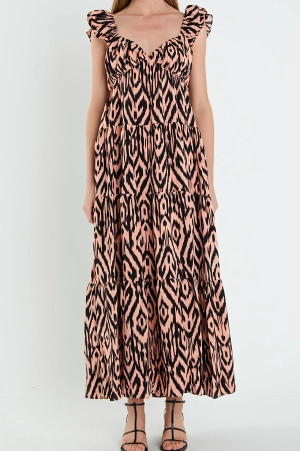 ENGLISH FACTORY Tops*- Tiger Print Ruffle Sleeve Maxi Dress CORAL