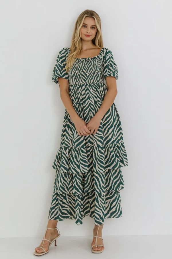 ENGLISH FACTORY Tops*- Tiger Print Smocked Midi Dress IVORY/GREEN