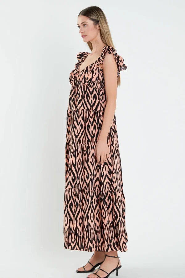 ENGLISH FACTORY Tops*- Tiger Print Ruffle Sleeve Maxi Dress CORAL