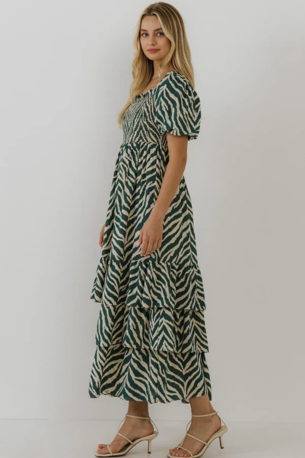 ENGLISH FACTORY Tops*- Tiger Print Smocked Midi Dress IVORY/GREEN