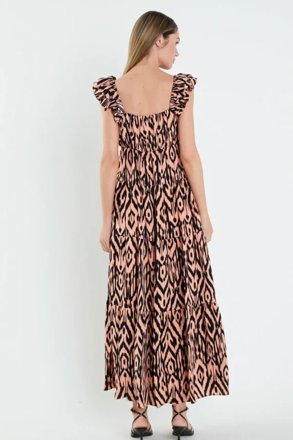 ENGLISH FACTORY Tops*- Tiger Print Ruffle Sleeve Maxi Dress CORAL