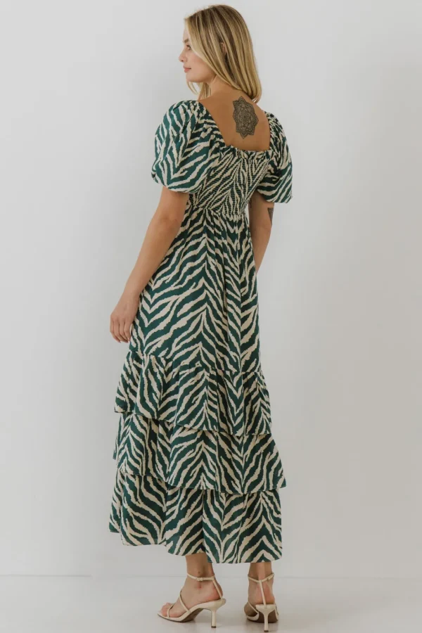 ENGLISH FACTORY Tops*- Tiger Print Smocked Midi Dress IVORY/GREEN