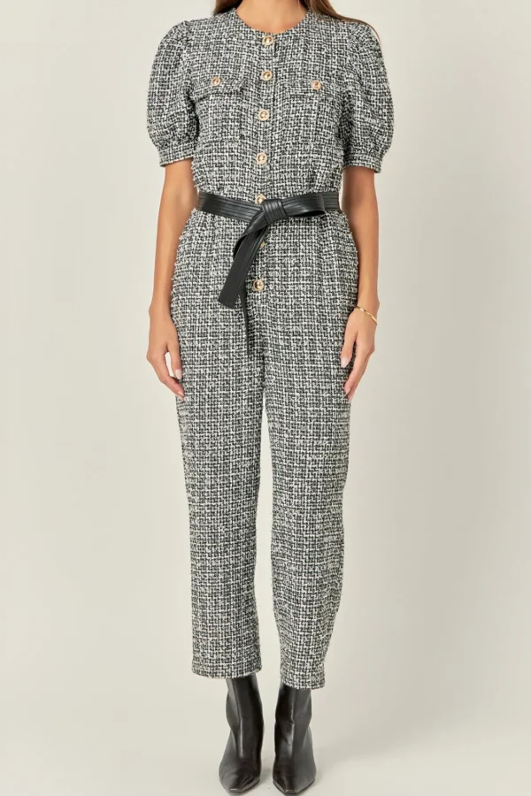 ENGLISH FACTORY Tops | One Pieces*- Tweed Puff Sleeve Jumpsuit BLACK/WHITE