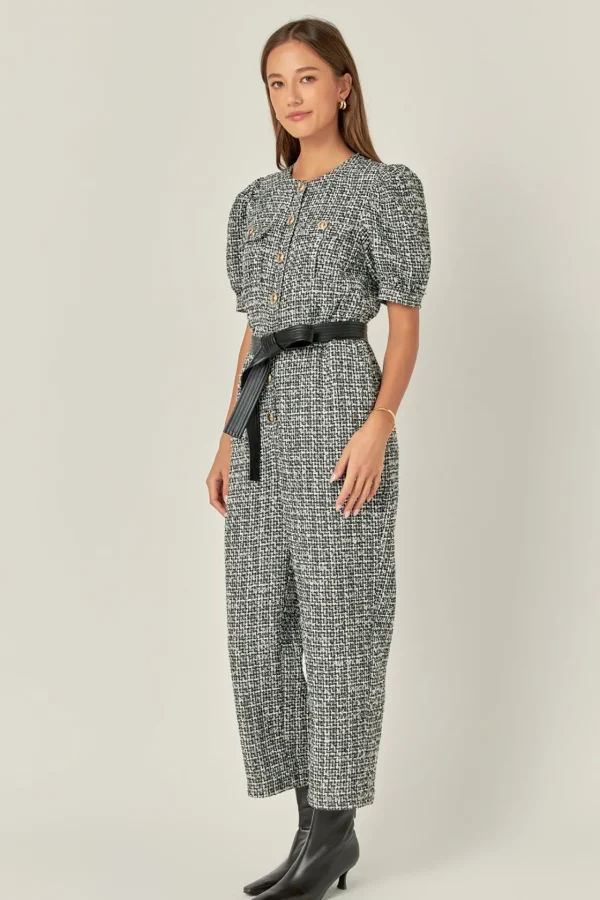 ENGLISH FACTORY Tops | One Pieces*- Tweed Puff Sleeve Jumpsuit BLACK/WHITE