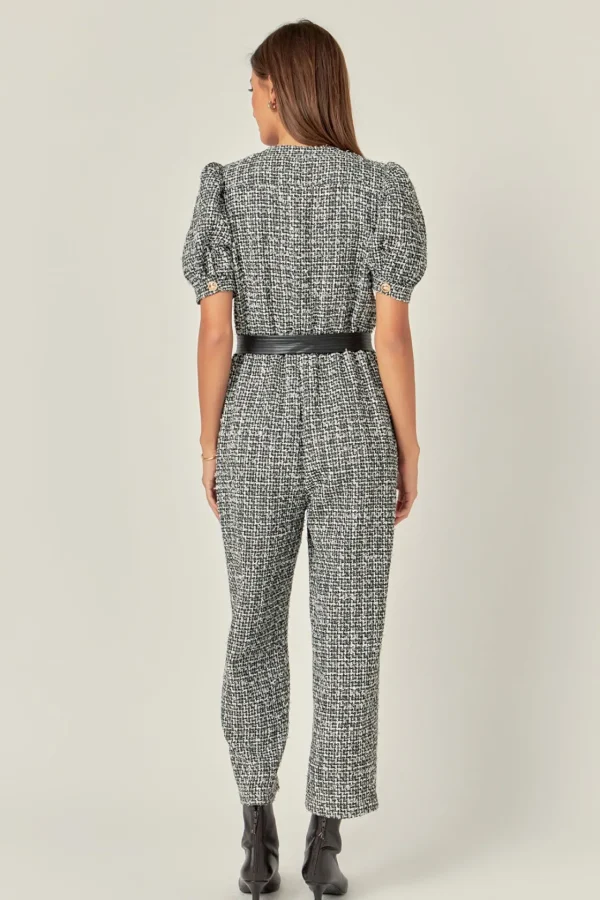 ENGLISH FACTORY Tops | One Pieces*- Tweed Puff Sleeve Jumpsuit BLACK/WHITE