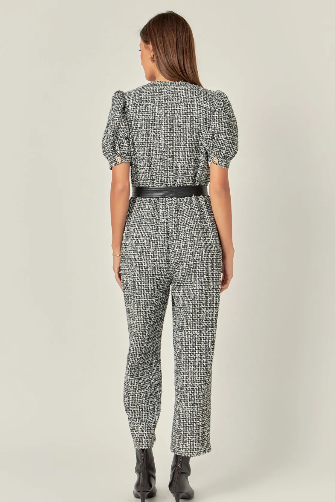 english_factory__tweed_pu_2.webp ENGLISH FACTORY Tops | One Pieces*- Tweed Puff Sleeve Jumpsuit BLACK/WHITE