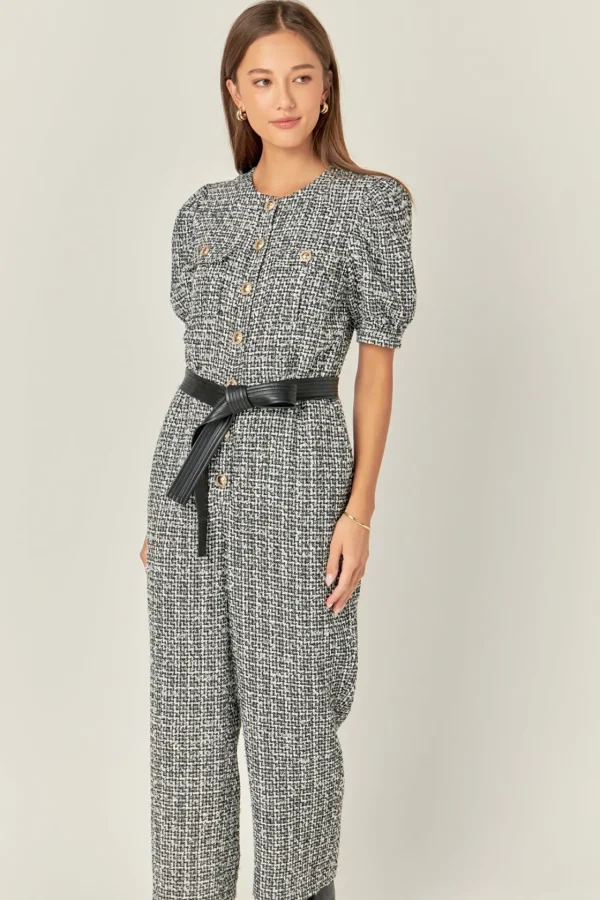 ENGLISH FACTORY Tops | One Pieces*- Tweed Puff Sleeve Jumpsuit BLACK/WHITE