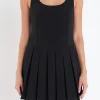 ENGLISH FACTORY Tops*- U-Neck Pleated Sleeveless Mini Dress BLACK