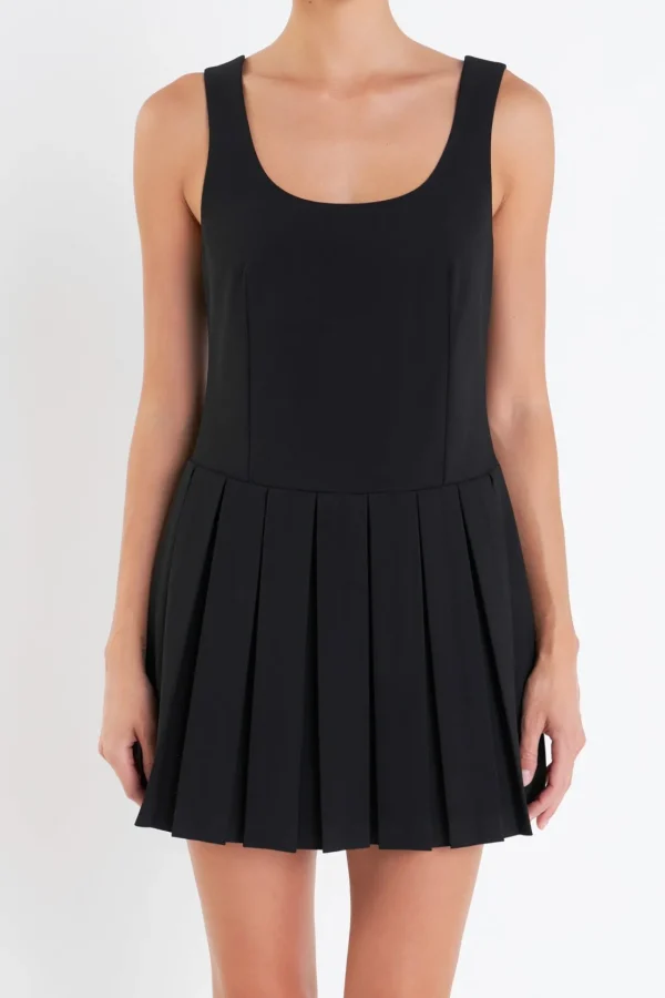 ENGLISH FACTORY Tops*- U-Neck Pleated Sleeveless Mini Dress BLACK
