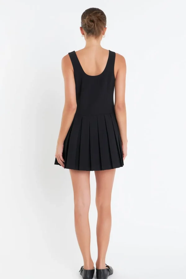 ENGLISH FACTORY Tops*- U-Neck Pleated Sleeveless Mini Dress BLACK