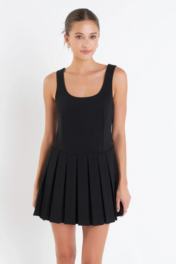 ENGLISH FACTORY Tops*- U-Neck Pleated Sleeveless Mini Dress BLACK