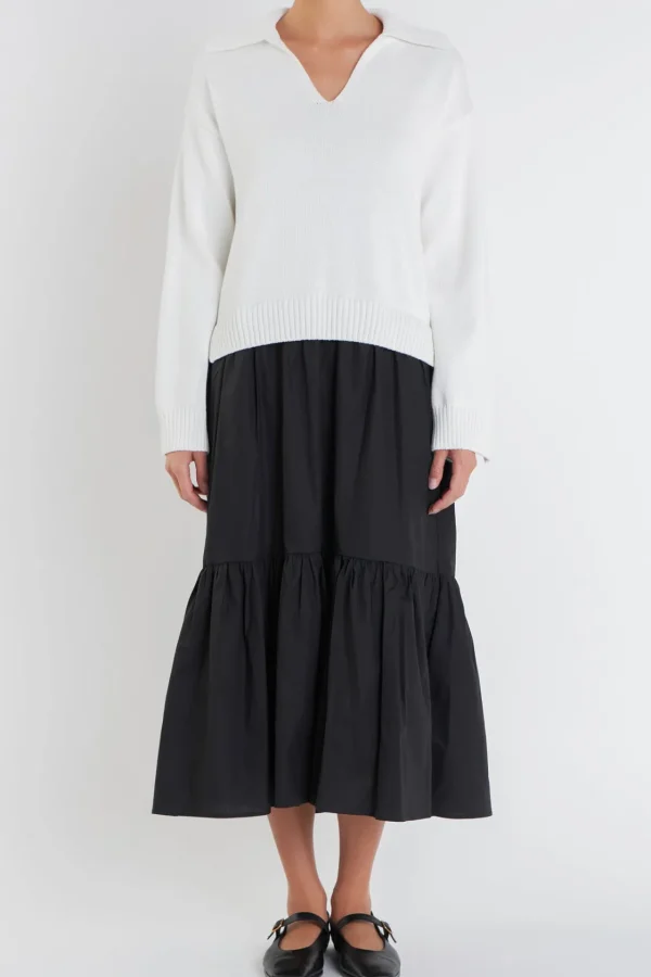ENGLISH FACTORY Tops*- V Neck Mixed Media Midi Dress IVORY