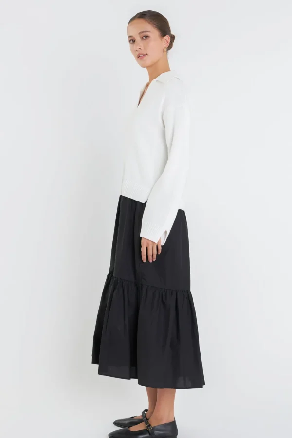 ENGLISH FACTORY Tops*- V Neck Mixed Media Midi Dress IVORY