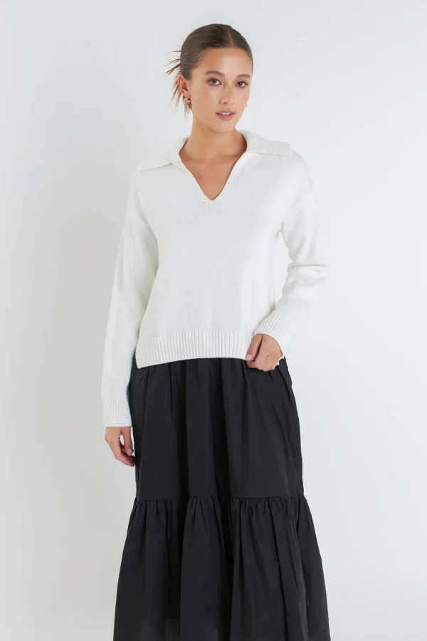 ENGLISH FACTORY Tops*- V Neck Mixed Media Midi Dress IVORY