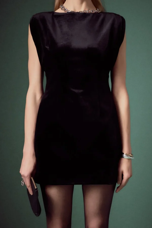 ENGLISH FACTORY Tops*- Velvet Power Shoulder Mini Dress BLACK