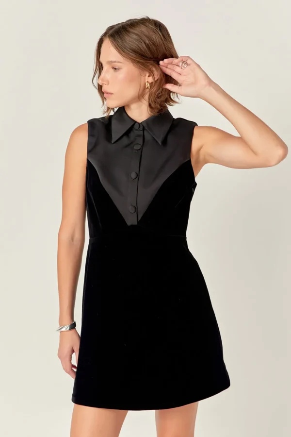 ENGLISH FACTORY Tops*- Velvet Satin Combo Mini Dress BLACK
