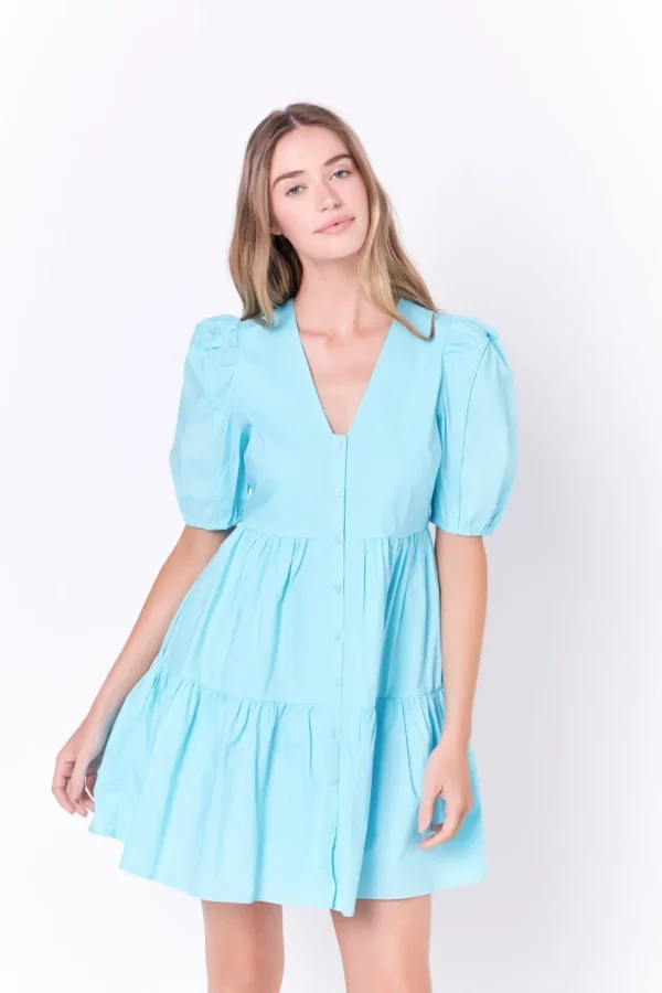ENGLISH FACTORY Tops*- V-neck Button Down Babydoll Dress BLUE