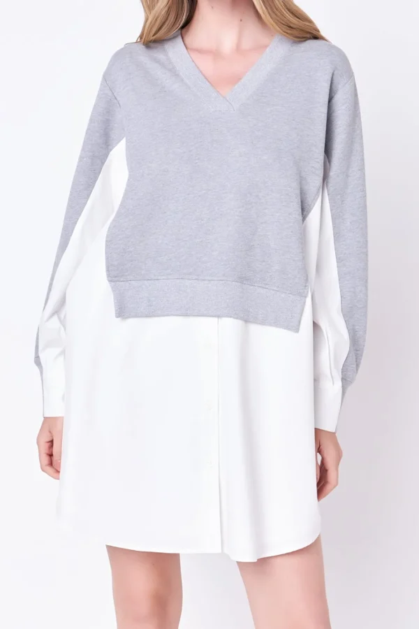 ENGLISH FACTORY Tops*- V-neck Sweatshirts Dress with Poplin