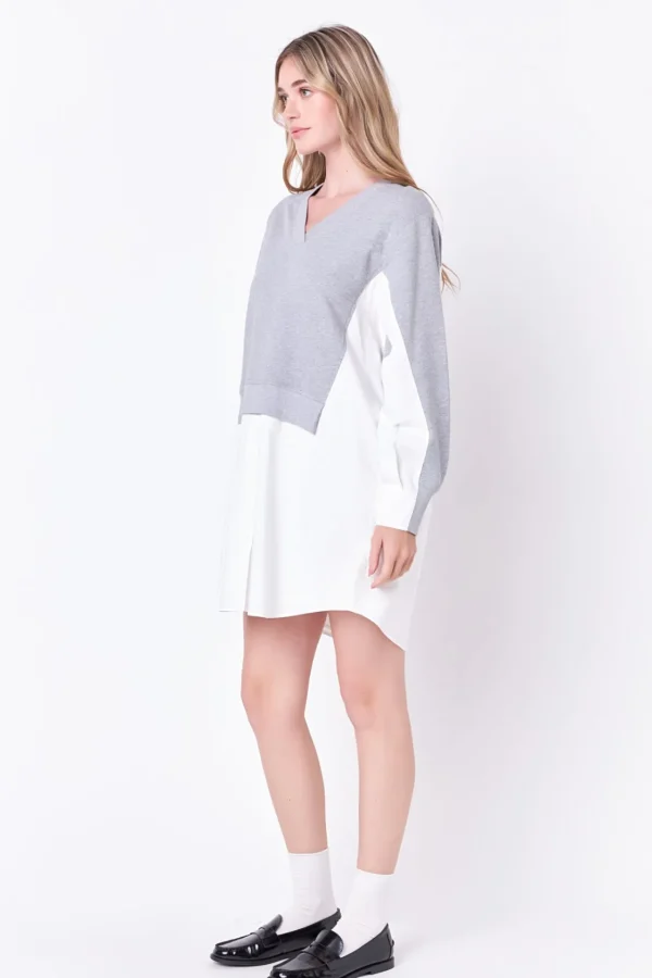 ENGLISH FACTORY Tops*- V-neck Sweatshirts Dress with Poplin