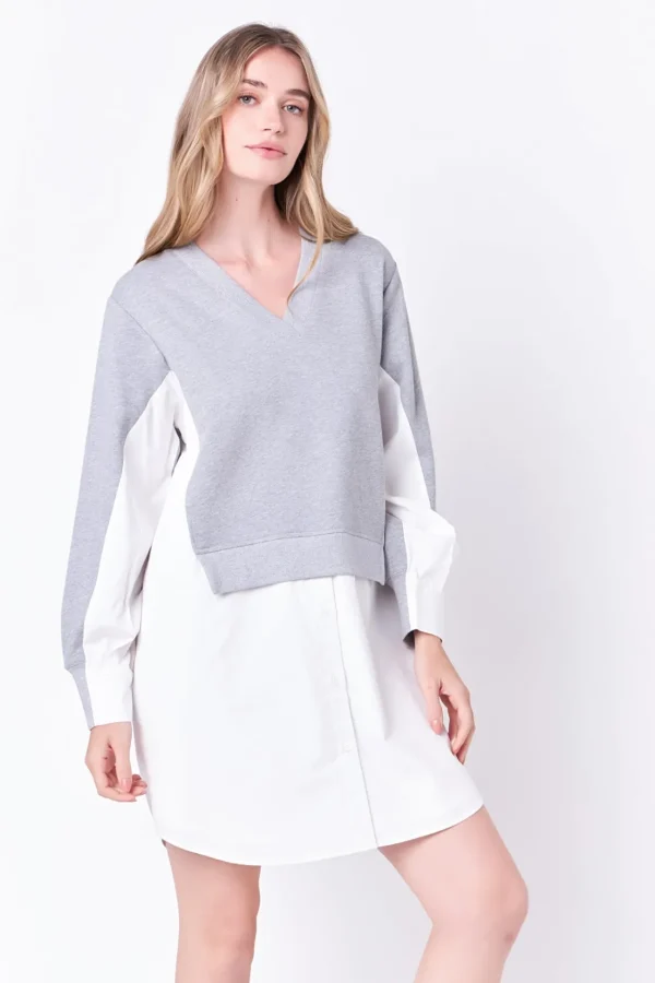 ENGLISH FACTORY Tops*- V-neck Sweatshirts Dress with Poplin